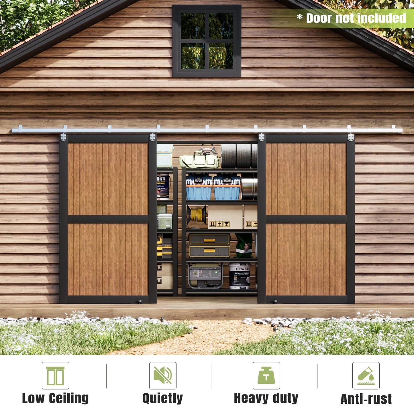 Easelife 16FT Exterior Sliding Barn Door Hardware Kit, Box Rail Track, 450lb Capacity, Sliver Weather-Resistant Steel, Wall Mount System for Outdoor Use, Fit Double 48in Door