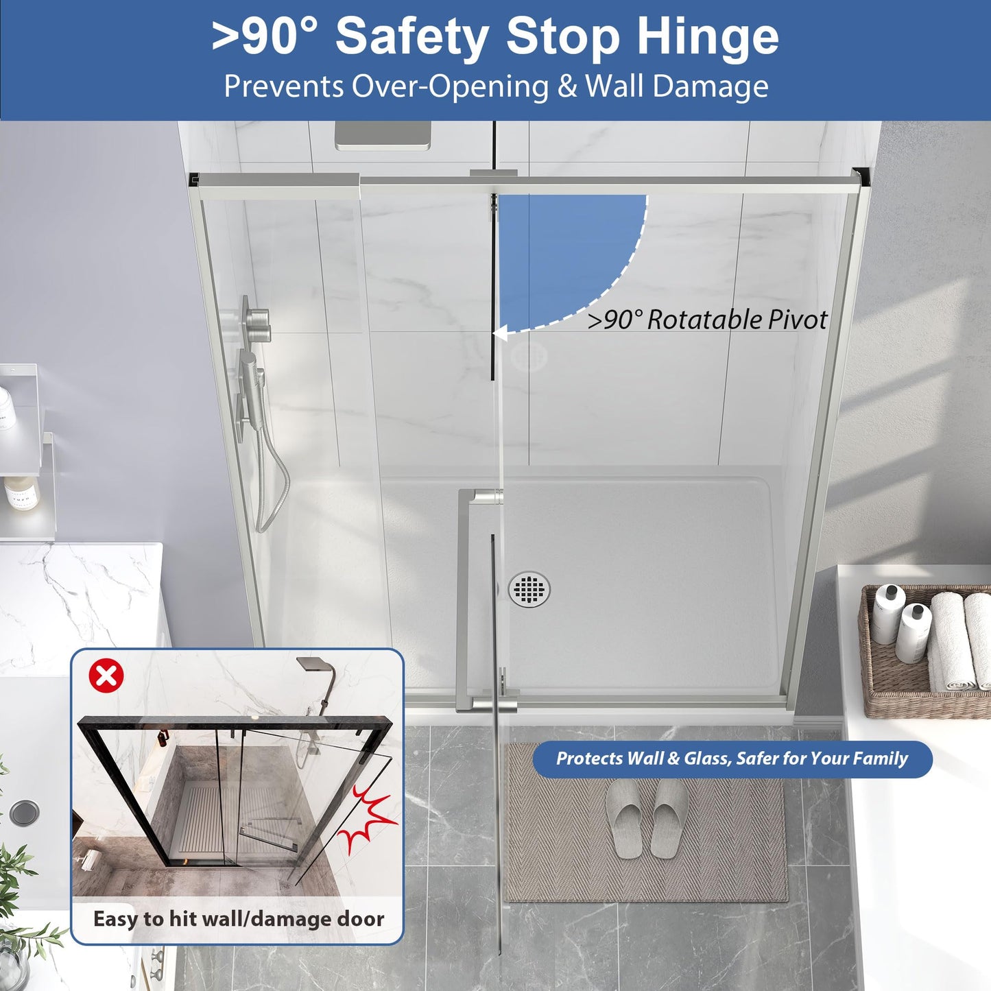 EASYWORC Semi Frameless Pivot Shower Door 42-48" W x 72" H, Swing Shower Glass Doors with Nano Explosion-Proof Film Tempered Glass 1/4"(6mm) Reversible Installtion, Brushed Nickel Finish