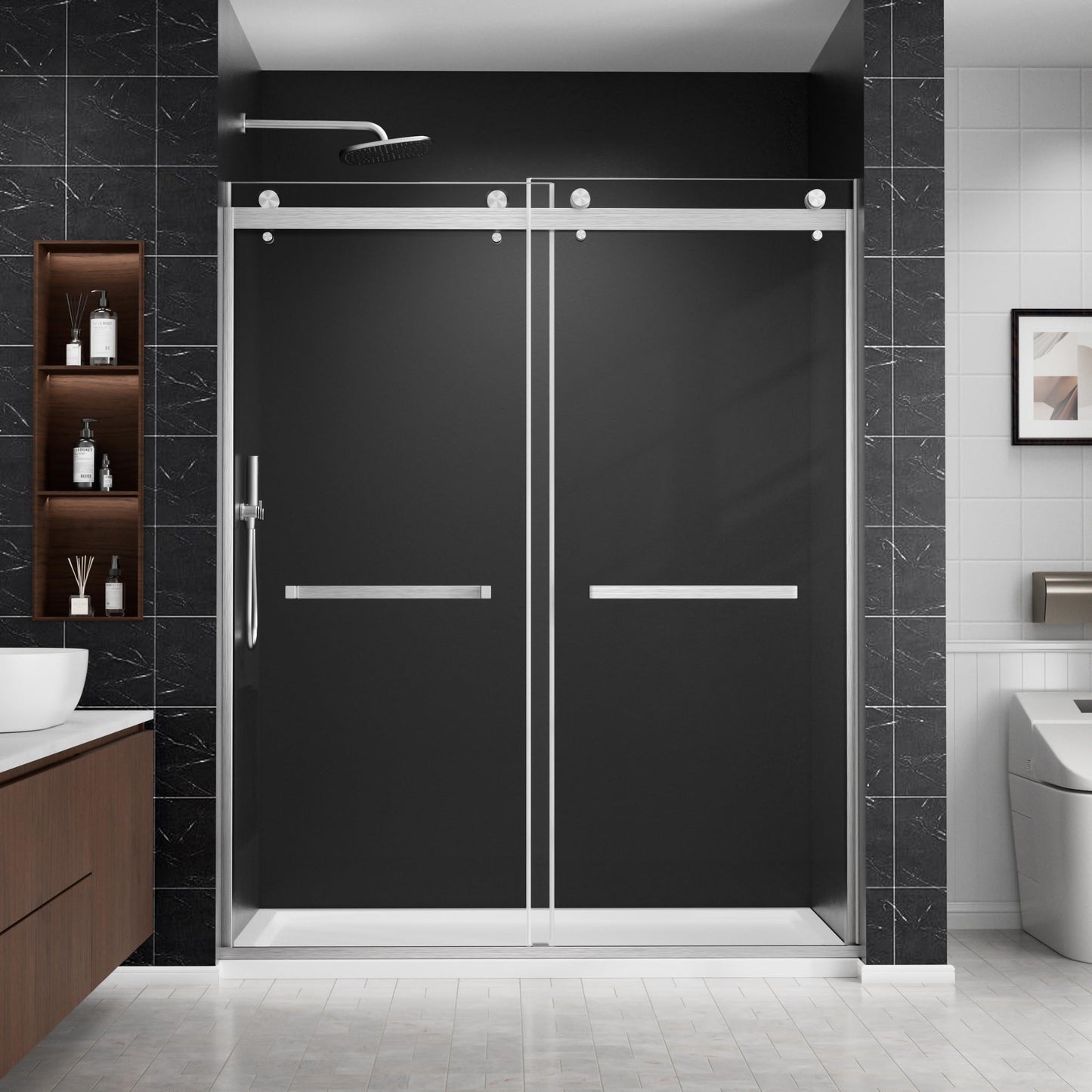 chunnwin Frameless Double Sliding Shower Door 56-60" W x 76" H, 1/4"（6mm） Tempered Glass Two Horizontal Handles Easy Clean Stainless Steel Hardware Brushed Nickel