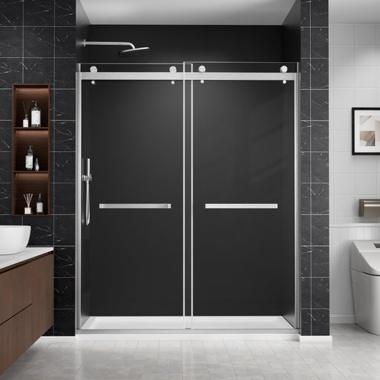 chunnwin Frameless Double Sliding Shower Door 56-60" W x 76" H, 1/4"（6mm） Tempered Glass Two Horizontal Handles Easy Clean Stainless Steel Hardware Brushed Nickel
