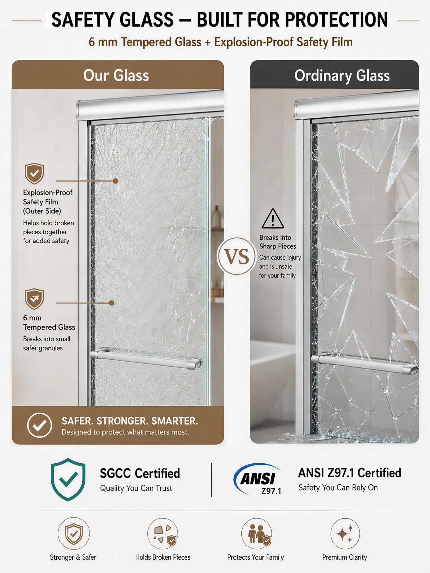 Semi-Frameless Sliding Glass Shower Door 56-60 in. W x 72 in. H, Chrome Frame, 1/4 in. Clear Tempered Glass, Bypass Shower Door, Reversible Shower Doors for Walk-in Bathroom