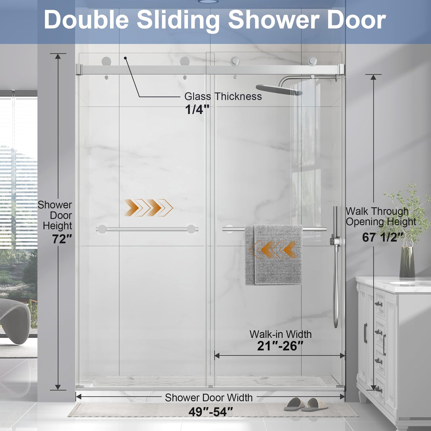 Frameless Double Sliding Shower Door 49-54" W x 72" H,1/4"(6mm) Tempered Glass with Safety Nano Explosion-Proof Film,Bypass Walk-in Shower Door,Brushed Nickel