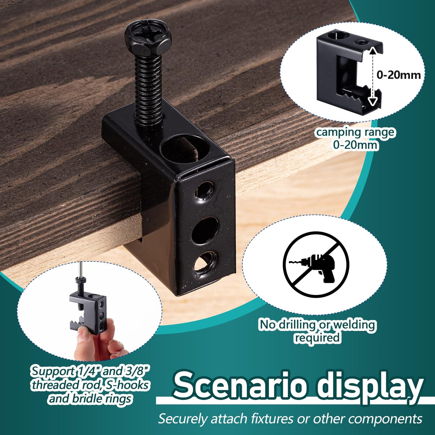 Tandefio 200 Pcs 1/4"-20 Spring Steel Beam Clamps Metal Beam Hangers Bolt on Clamp for Installation on Beams 1/4" and 3/8" Threaded Rod, S Hooks Bridle Rings for Pipe Cable Woodworking Tool (Black)