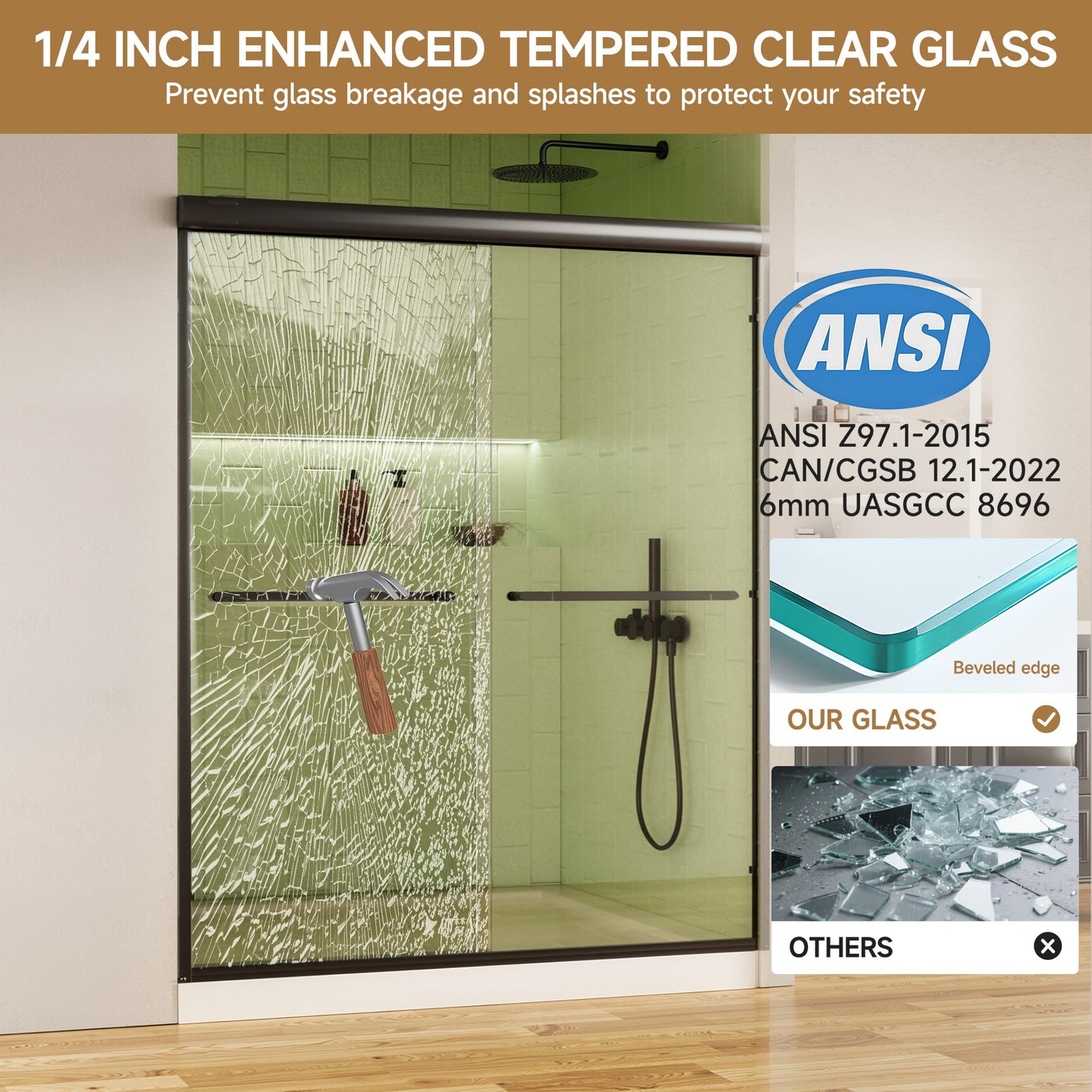 Shower Doors, 56–60'' W x 72'' H Sliding Glass Shower Door, Matte Black Aluminum Frame, 1/4'' (6mm) High-Strength Tempered Glass, for Walk-in Showers