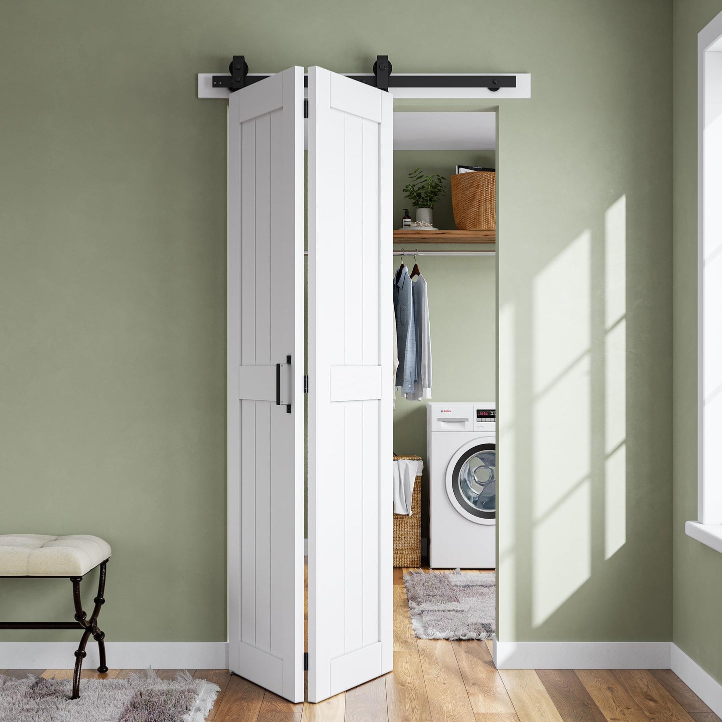 SMARTSTANDARD Bifold Barn Door 24'' x 84'',Bi-Fold Sliding Closet Doors with Hardware Kit Included,28'' Track Kit for 2 Doors,Waterproof & Quiet,Pre-Drilled Holes Easy Assembly,White