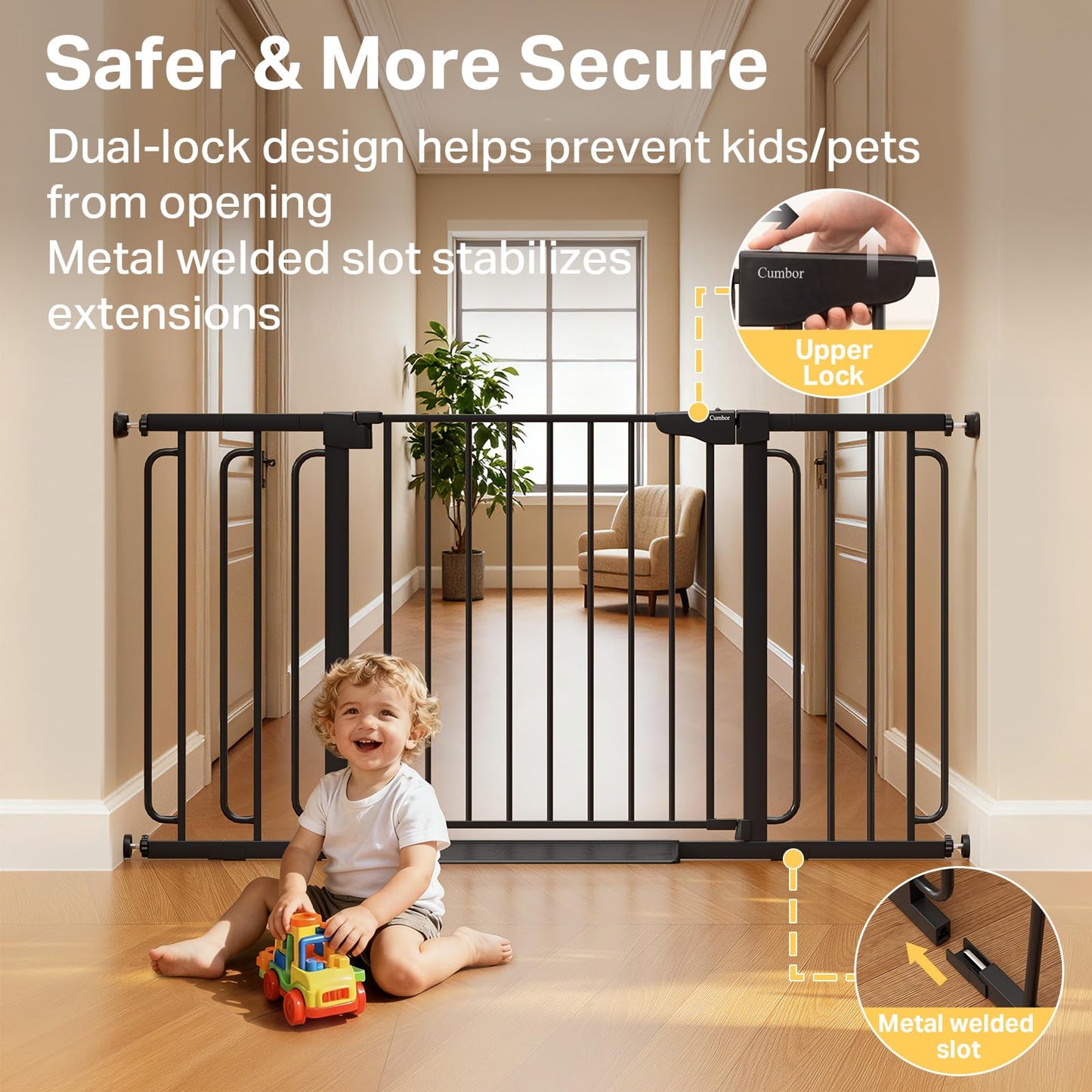 Cumbor 36.6-59" Extra Wide Baby Gate for Stairs, Pressure Mounted Dog Gate for Doorways, Auto-Close Easy Walk Through Safety Child Gate for Kids Toddler, Tall Pet Gates Indoor, Black