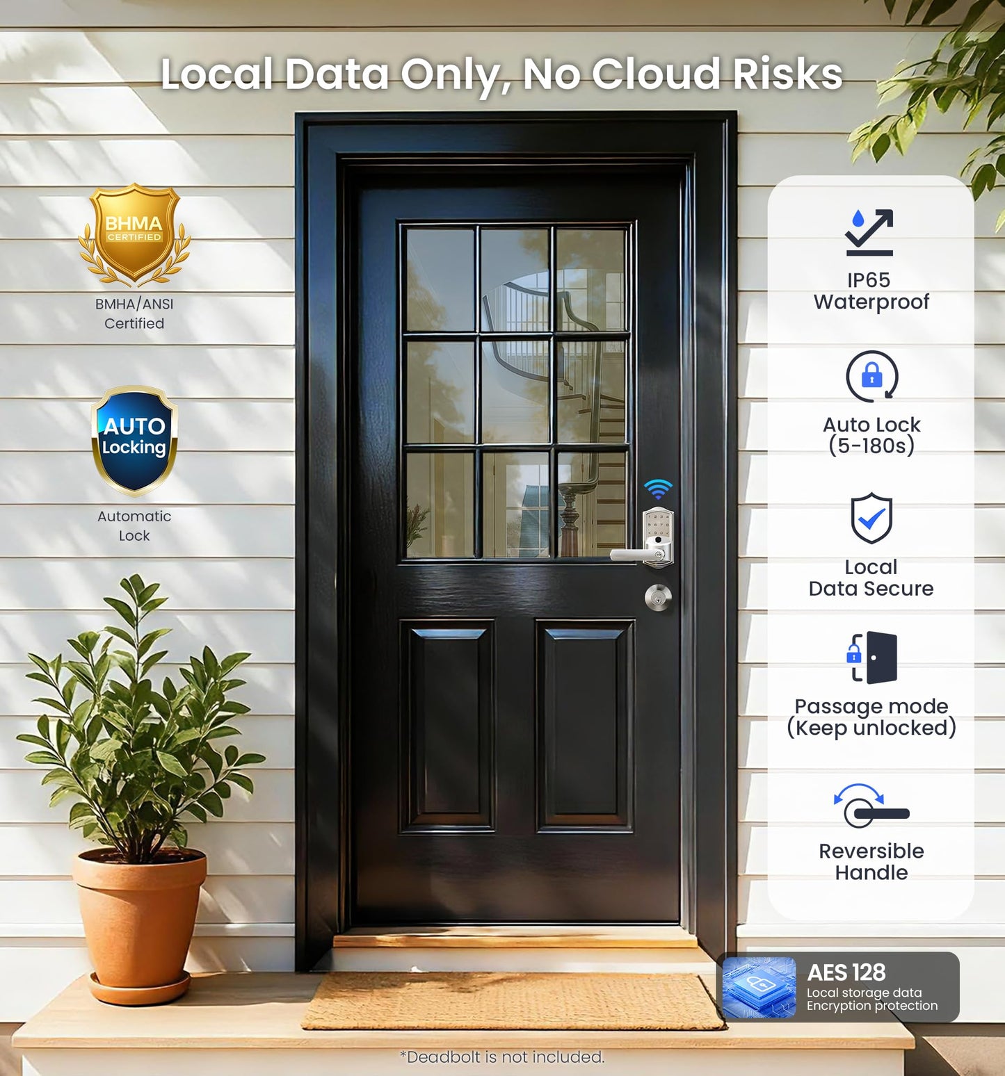 Veise VE029 WiFi Smart Lever Lock, Fingerprint Keyless Entry Door Lock with Handle, Built-in WiFi, Remote App Control, Electronic Digital Knob for Front Door and Bedroom, IP65 Waterproof, Satin Nickel