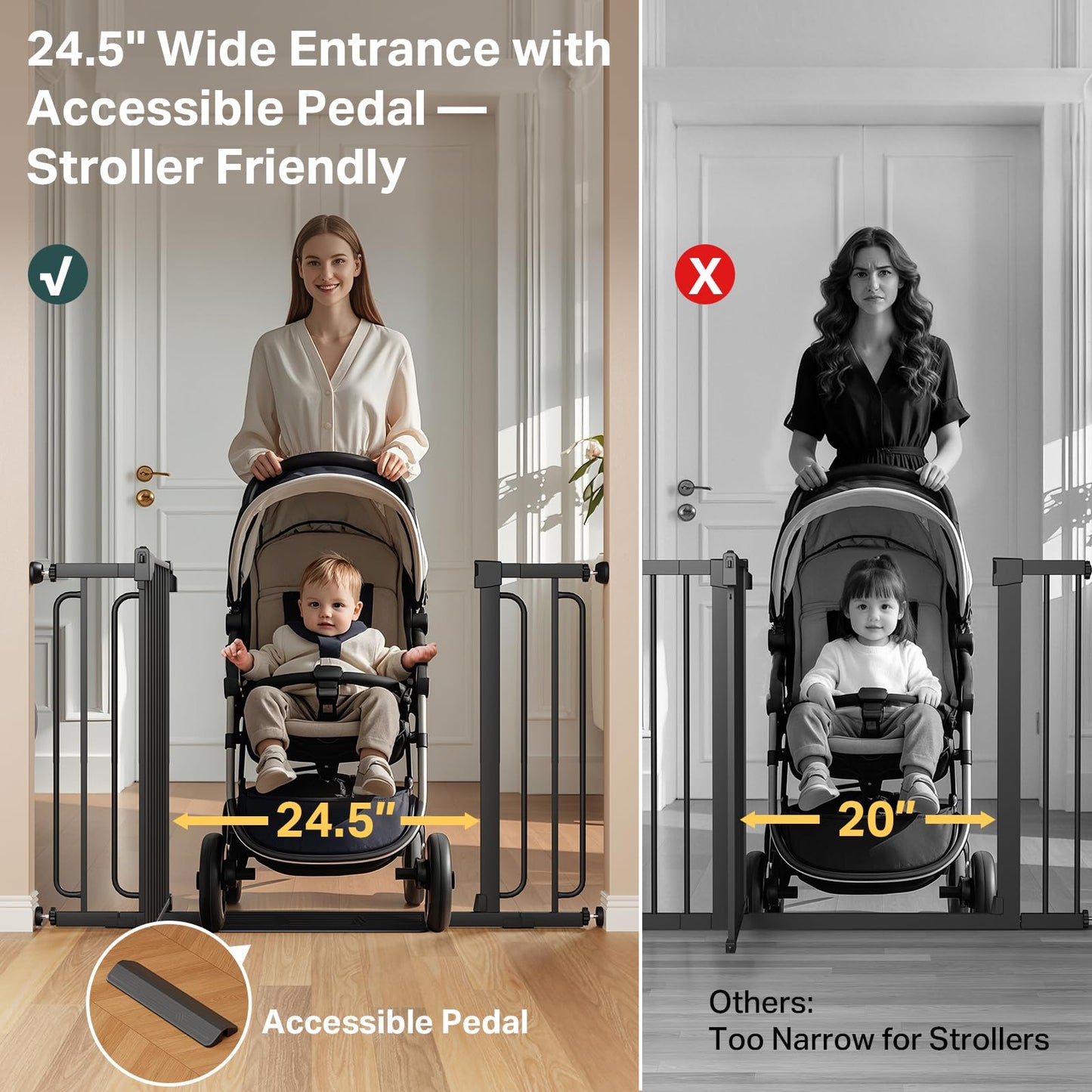 Cumbor 36.6-59" Extra Wide Baby Gate for Stairs, Pressure Mounted Dog Gate for Doorways, Auto-Close Easy Walk Through Safety Child Gate for Kids Toddler, Tall Pet Gates Indoor, Black