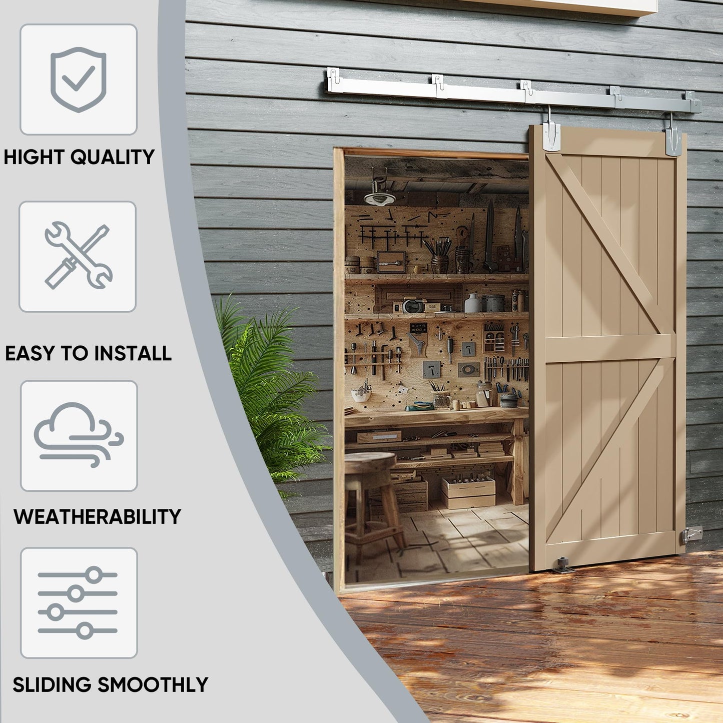 JUBEST 8FT Box Rail Exterior Barn Door Hardware Kit, Heavy-Duty Silver Sliding Barn Door Track System, Wall Mount Door Hardware Kits (Door Not Included)