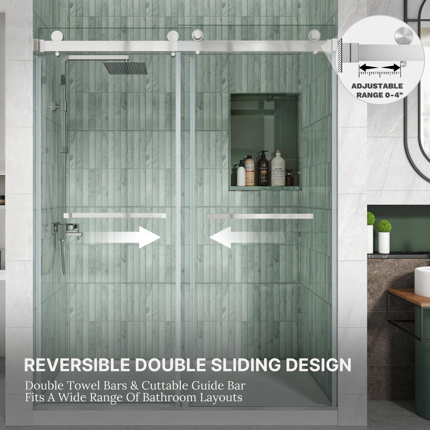 Frameless Double Sliding Shower Door, 44-48" W x 76" H, 3/8" (10mm) SGCC Certified Clear Tempered Glass, Width Adjustable, Double Towel Bars, Square Guide Bar, Stainless Steel Hardware, Chrome