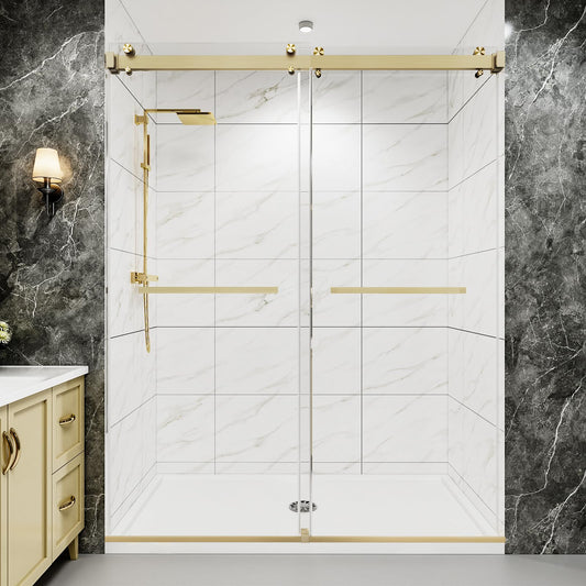 Dyvalis 49-54" W x 76" H Frameless Double Sliding Shower Door for Walk-in Shower,5/16" (8mm) SGCC Certified Clear Tempered Safety Glass,Easy-Clean Coating,Quiet Heavy-Duty Roller System, Brushed Gold