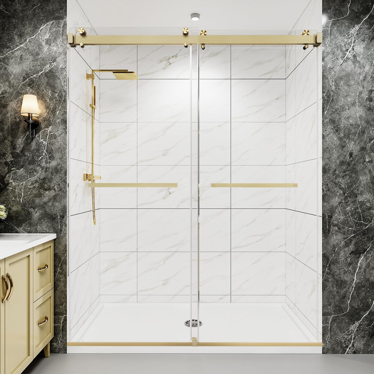 Dyvalis 43-48" W x 76" H Frameless Double Sliding Shower Door for Walk-in Shower,5/16" (8mm) SGCC Certified Clear Tempered Safety Glass,Easy-Clean Coating,Quiet Heavy-Duty Roller System,Brushed Gold