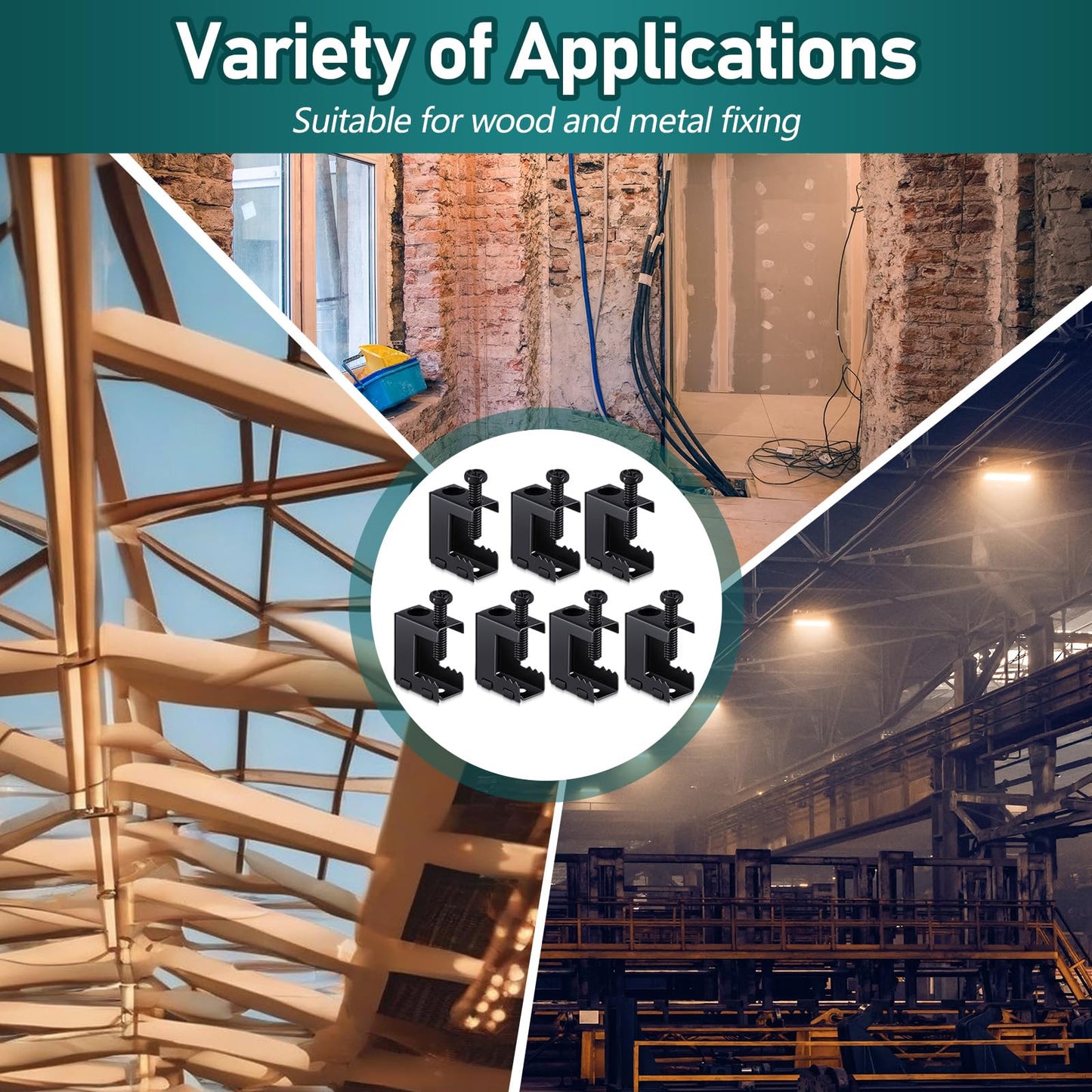 Tandefio 200 Pcs 1/4"-20 Spring Steel Beam Clamps Metal Beam Hangers Bolt on Clamp for Installation on Beams 1/4" and 3/8" Threaded Rod, S Hooks Bridle Rings for Pipe Cable Woodworking Tool (Black)