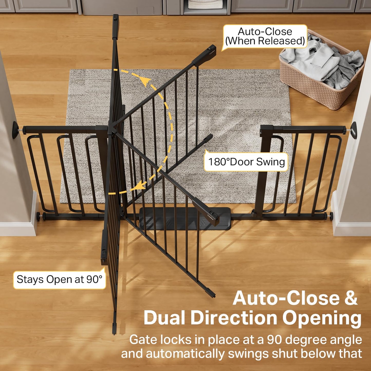 Cumbor 36.6-59" Extra Wide Baby Gate for Stairs, Pressure Mounted Dog Gate for Doorways, Auto-Close Easy Walk Through Safety Child Gate for Kids Toddler, Tall Pet Gates Indoor, Black