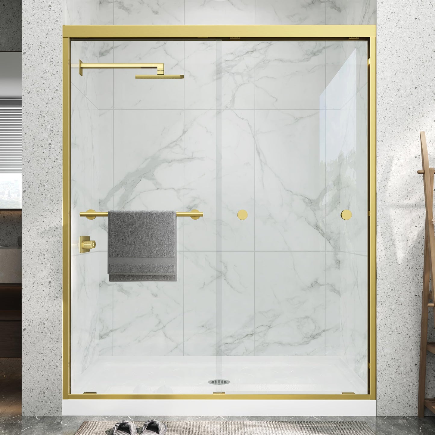 Double Sliding Shower Door 67-72" W x 72" H,Semi-Frameless Glass Shower Door with Nano Explosion-Proof Safety Film, 1/4"(6mm) Tempered Glass,Easy-Clean Bypass Walk-in Shower Door,Brushed Gold
