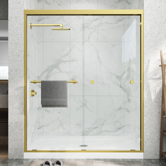 Double Sliding Shower Door 67-72" W x 72" H,Semi-Frameless Glass Shower Door with Nano Explosion-Proof Safety Film, 1/4"(6mm) Tempered Glass,Easy-Clean Bypass Walk-in Shower Door,Brushed Gold