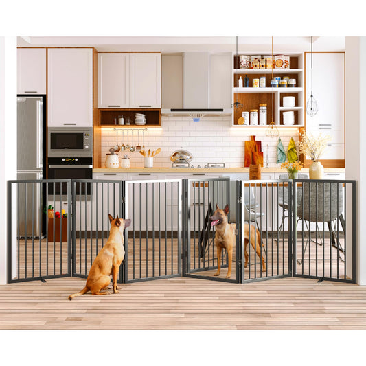 Vantas Folding No-Assembly Metal Pet Gate 120" Wide, 32" Extra Tall Dog Gate with Door Walk Through, Freestanding Accordion Puppy Gate Dog Door for Indoor & Outdoor, with 2PCS Support - Black