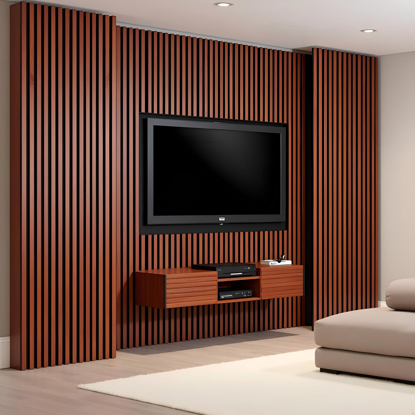 NAVREX 2 Solid Wood Slat Acoustic Panels for Wall and Ceiling - 3D Fire Resistant Fluted Sound Absorbing Acoustic Wall Panel in Walnut Finish for Living Room, Home Theater, Office & Bedroom Decoration, Value Lies in Material (31.5 * 23.6)