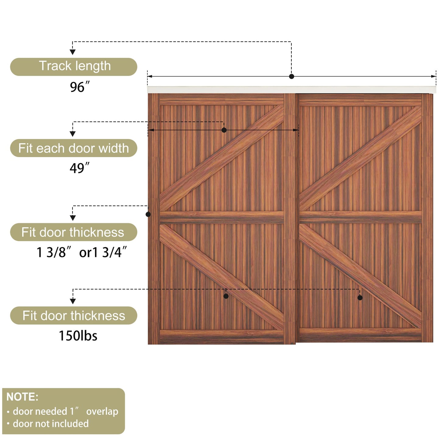 WEWORTH Heavy Duty Double Bypass Sliding Closet Door Track Kit Hardware 96”/8FT Aluminium Alloy Track Rail Set,for 2 Door System,Smoothly and Quietly,Silver