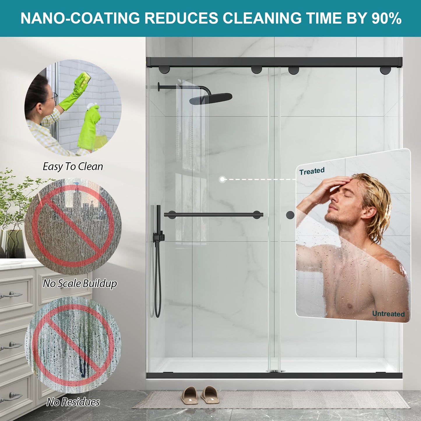 Frameless Shower Door with Soft-Close & Anti-Leak,5/16" (8mm) Double Sliding Shower Door,Nano Coating Anti-Explosion Film SGCC Tempered Glass 43"- 48" W x 76" H,Matte Black