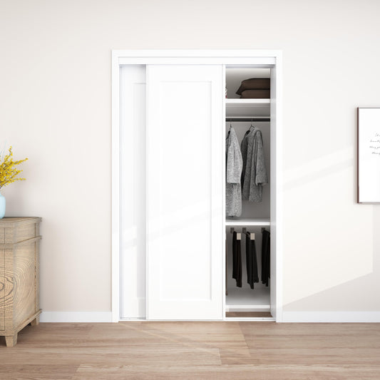 JUBEST Sliding Closet Door 48"(Double 25") x80", 1-Panel Steel Frame Bypass Primed Door with Top & Bottom Track Kits, Preassembled Hardboard Panels with Paintable Surface, Durable & Sturdy
