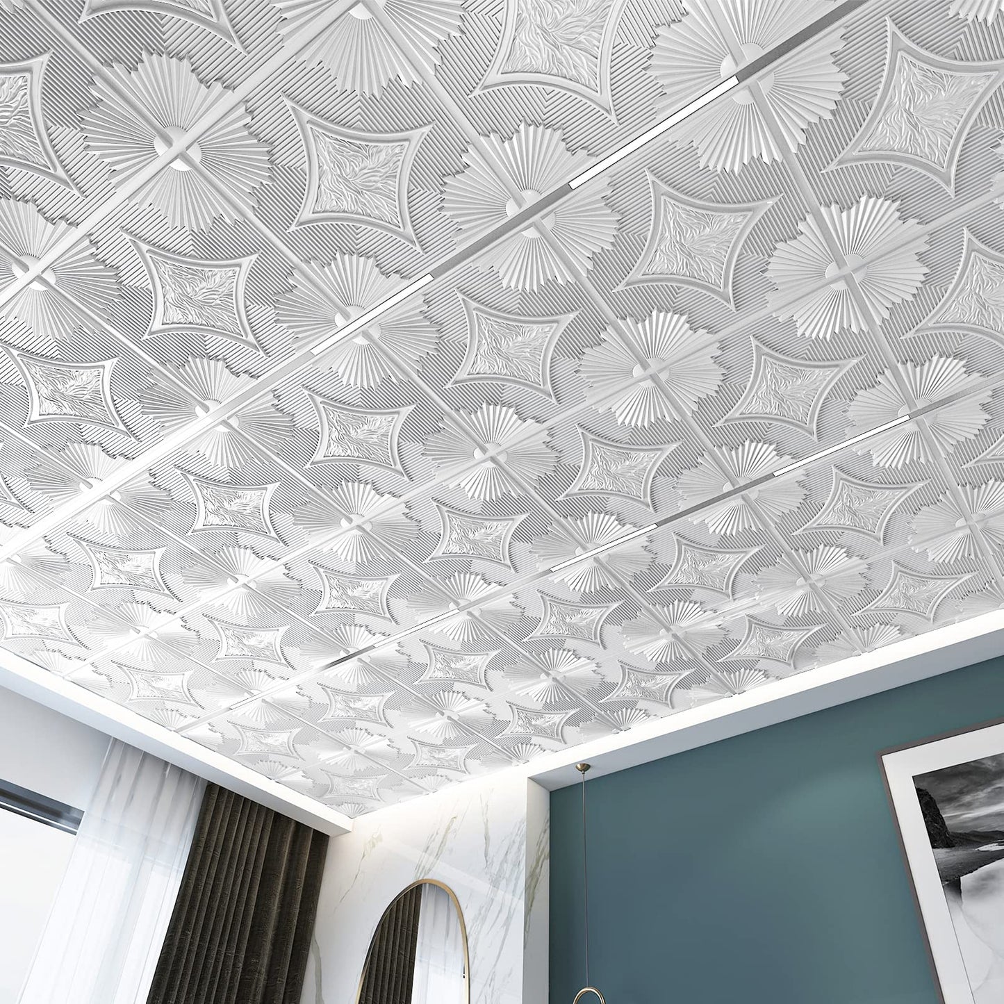 Art3d Drop Ceiling Tiles 24x24 in White (12-Pack, 48 Sq.ft), 3D Wainscoting Panels Glue Up 2x2