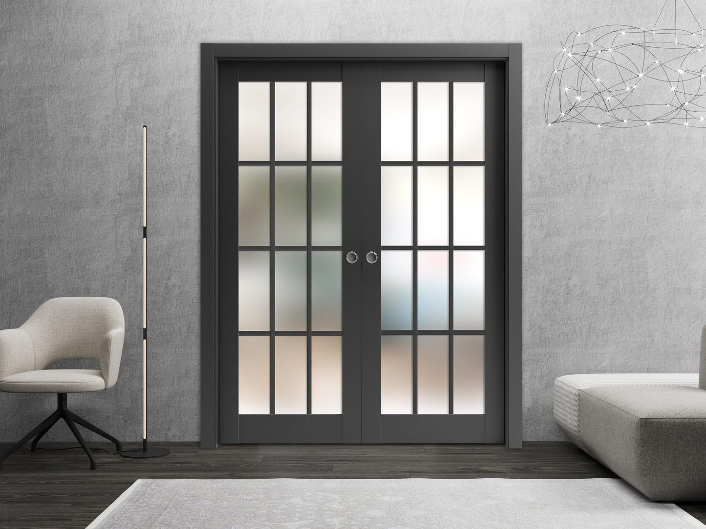 SARTODOORS Felicia 3312 | Interior French Double Pocket Doors with Frosted Glass, Wooden, 36x80, Black, Classic Style | Hardware Included