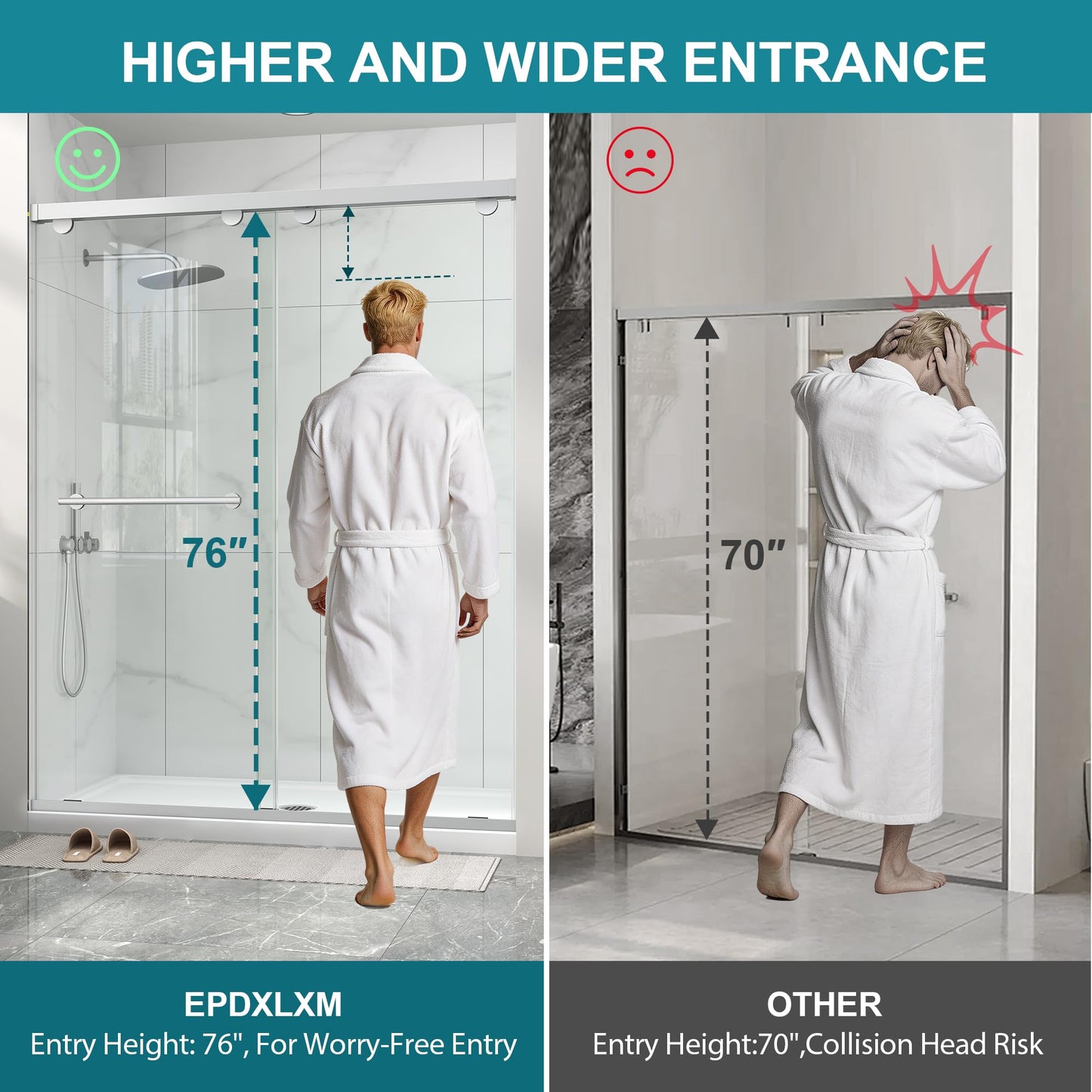 Frameless Shower Door with Soft-Close & Anti-Leak,5/16" (8mm) Double Sliding Shower Door,Nano Coating Anti-Explosion Film SGCC Tempered Glass 43"- 48" W x 76" H,Brushed Nickel