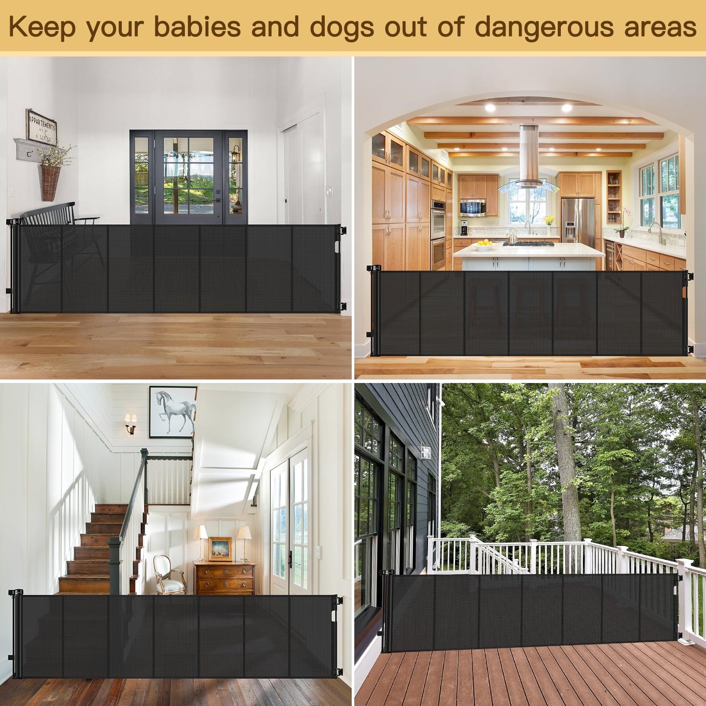 Reinforced 200 Inch Extra Wide Retractable Baby Gates to Prevent Crawling Through, Indoor/Outdoor Baby Gates for Decks, 16 ft Mesh Retractable Fence/Barrier/Blocker/Screen Gate for Garage, Black