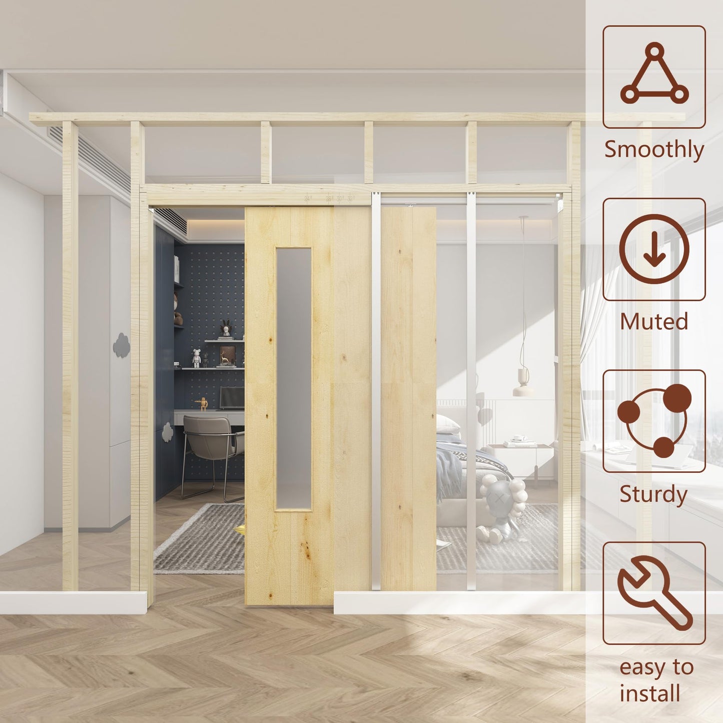 SongYung 24"-36"x 80" Pocket Door Frame Kit with 98LBS Soft Close Mechanism,Aluminum Track Hardware Suitable for Doors Wide 24"-36",2X4 Studs Wall,Smoothly and Quietly Easy to Install