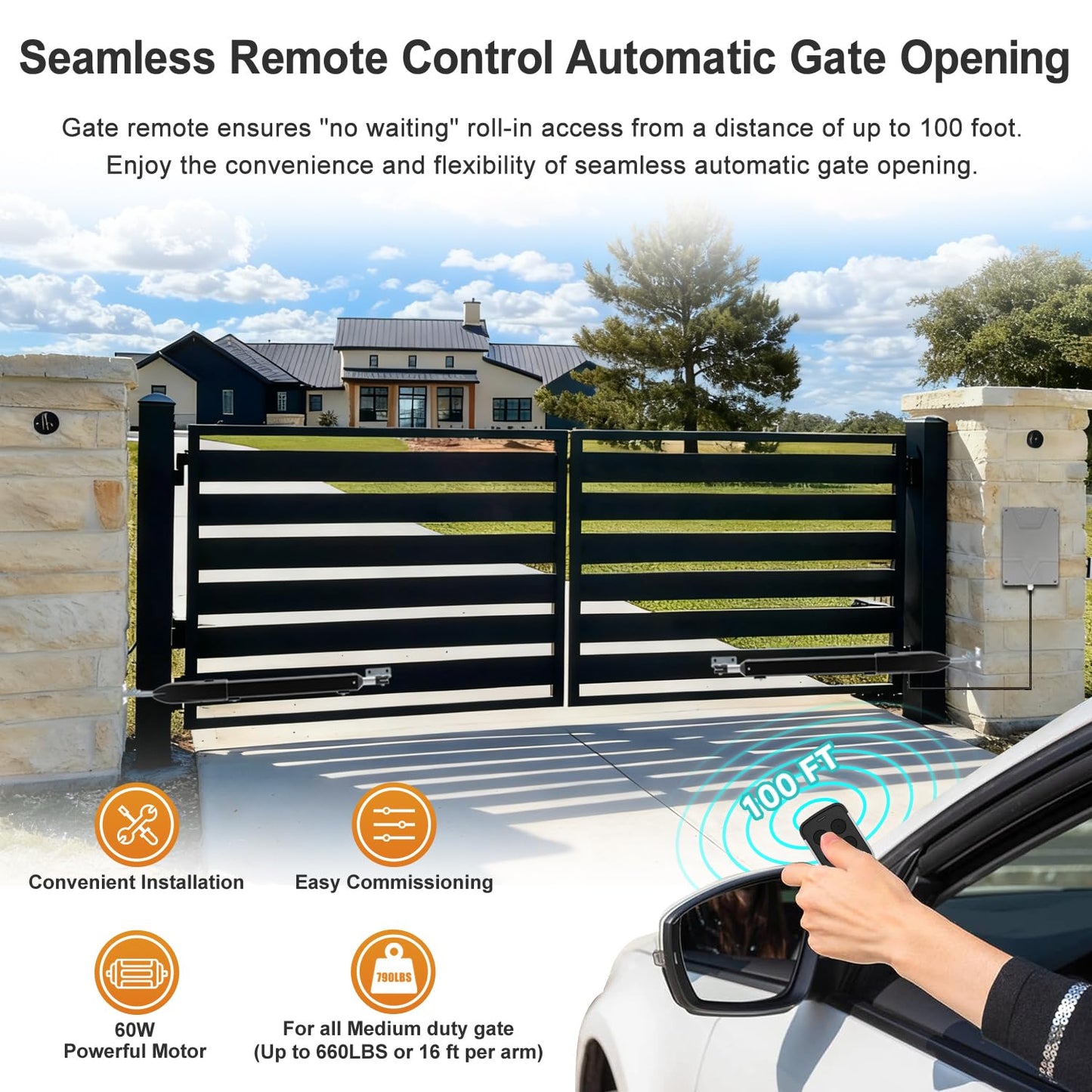 Automatic Dual Gate Opener for Swing Gates up to 660lb*2 16ft, Heavy Duty Electric Opener Kit for Driveway Home Garden, Long-Range Remote Controls Included - Model C025-340