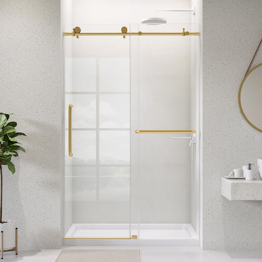 OGONBRICK Frameless Glass Shower Door 44-48’’ W x 75’’ H, Single Sliding Shower Door, ANSI Tempered Clear Glass with Nano Coating, Brushed Gold, Stainless Steel Hardware, Low Threshold, Quiet Rollers