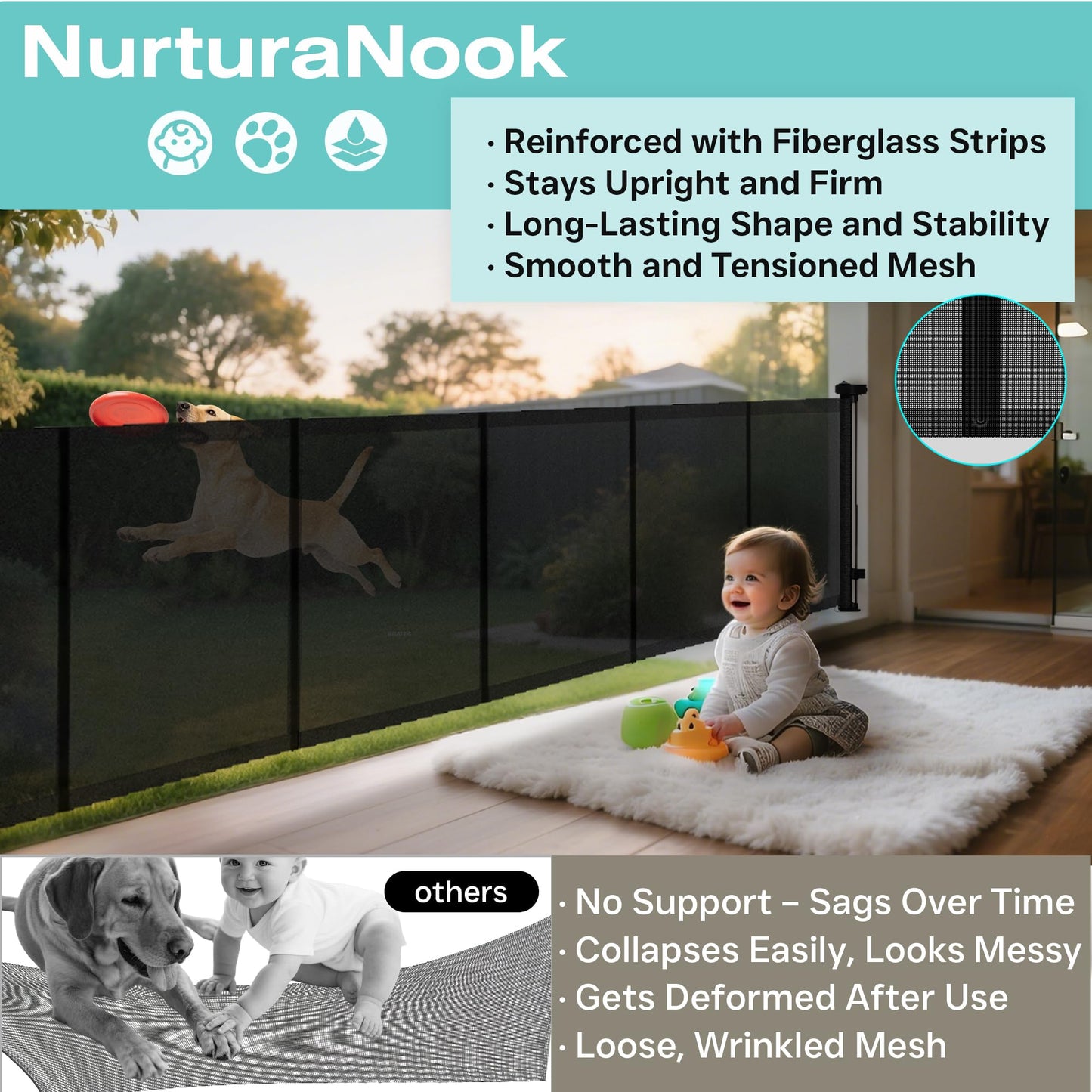 NurturaNook 236 Inch Extra Wide Retractable Baby Gate,Mesh Baby Gate or Mesh Dog Gate,34" Tall,Child Safety Gate for Doorways, Stairs, Hallways, Indoor or Outdoor