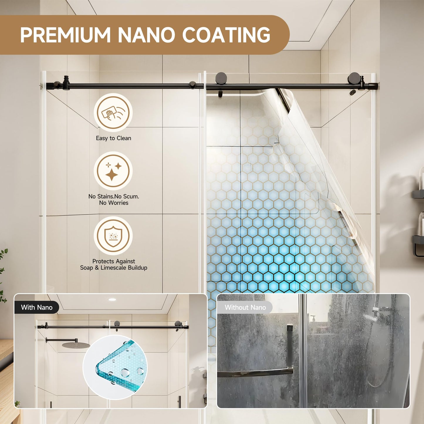 Frameless Shower Door with Round Top Tube - 56-60" W x 76" H Sliding Glass Shower Door,Matte Black, 1/4"(6mm) Tempered Clear Glass with Explosion-Proof Film Nano Coating, Easy Clean