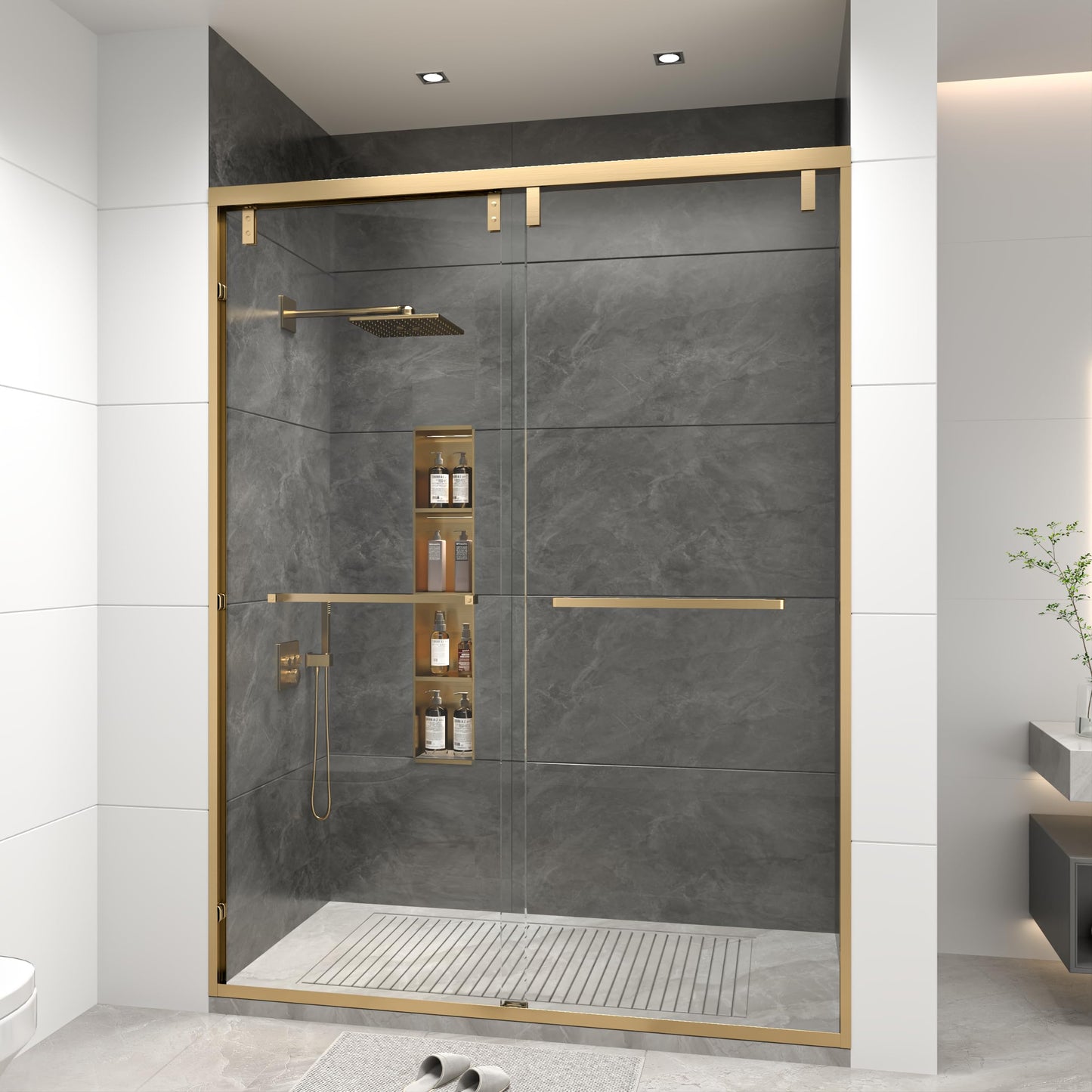 RFN 44-48" W x 76" H Framed Bypass Double Sliding Shower Door, 1/4" (6 mm) Easy-to-Clean Treated Clear Tempered SGCC Glass,Bathroom Door(Brushed Gold, 44-48" W*76" H)