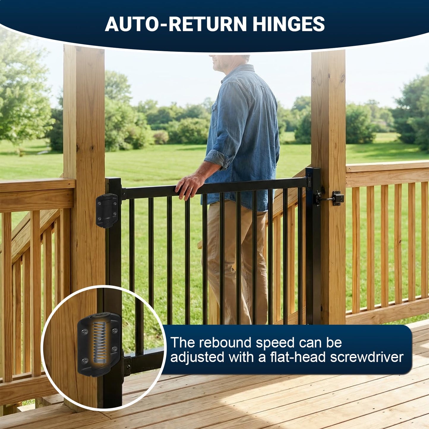 Deck Gate with Wheels, 36 x 45 Inches Auto-Closing Outdoor Railing Gate Fence Gate for H Railing, 1" Round Pipe with Latch,Cuttable Lockable for Outdoor Deck Patio