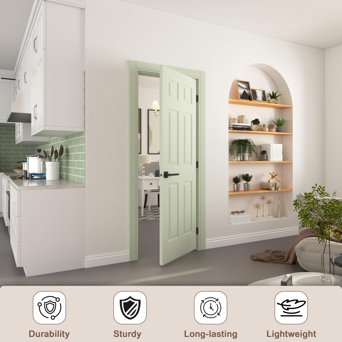 JUBEST 30"x80" Left-Hand Prehung Interior Door with Knock Down Jamb Kit & Matte Black Hinges, 6-Panel White Primed Hollow Core Molded Door Slab with Bore & Hinge Cutout, Durable & Sturdy, No Handle