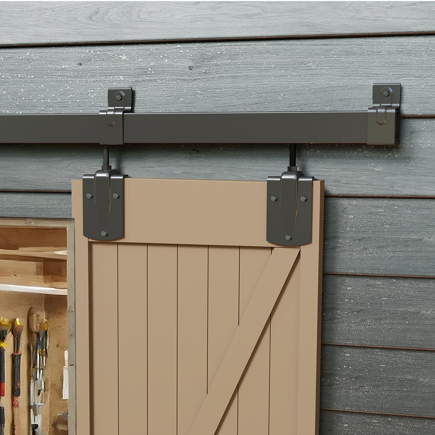 JUBEST 12FT Box Rail Exterior Barn Door Hardware Kit, Heavy Duty Sliding Door Track Kit Wall Mount Door Hardware Kit for Two Doors System(Doors Not Included), Black