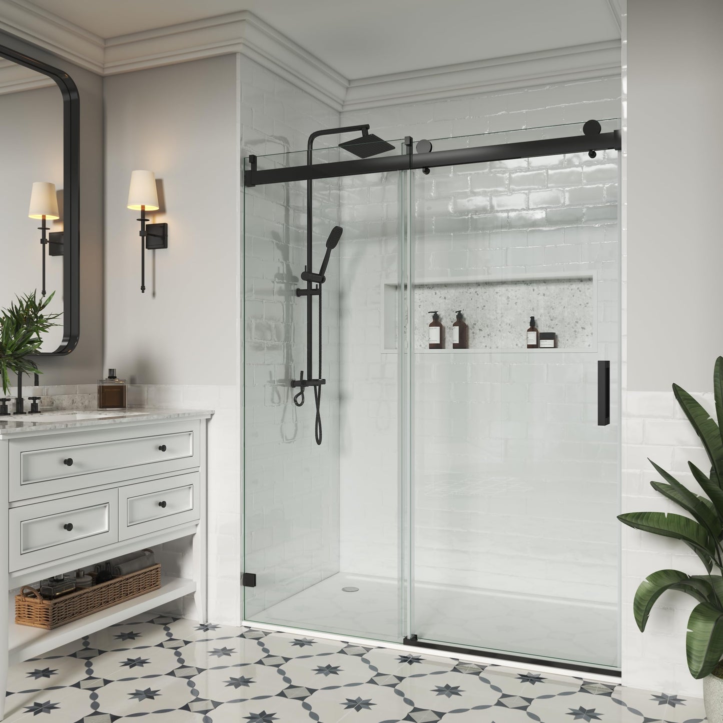 YINVANI Frameless Shower Door, 56-60.5" W x 76 ", Single Sliding Shower Door, Soft-Close Design SGCC Certified 3/8" (10mm) Clear Tempered Glass, Matte Black Stainless Steel Finish.