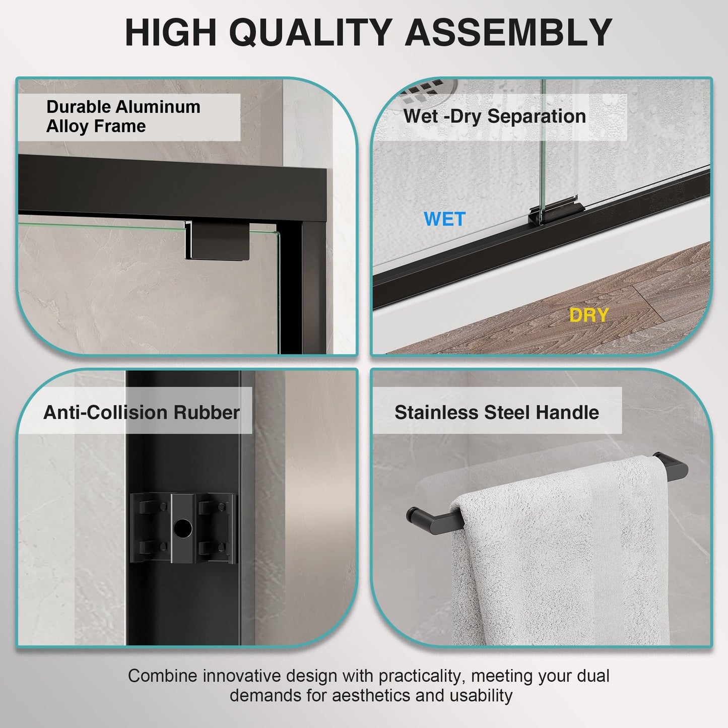 KPUY Glass Shower Door, 43-48" W x 76" H Semi-Frameless Double Sliding Shower Door, 1/4" (6mm) Thick Tempered Clear Glass with Explosion-Proof Film Nano Coating, Matte Black