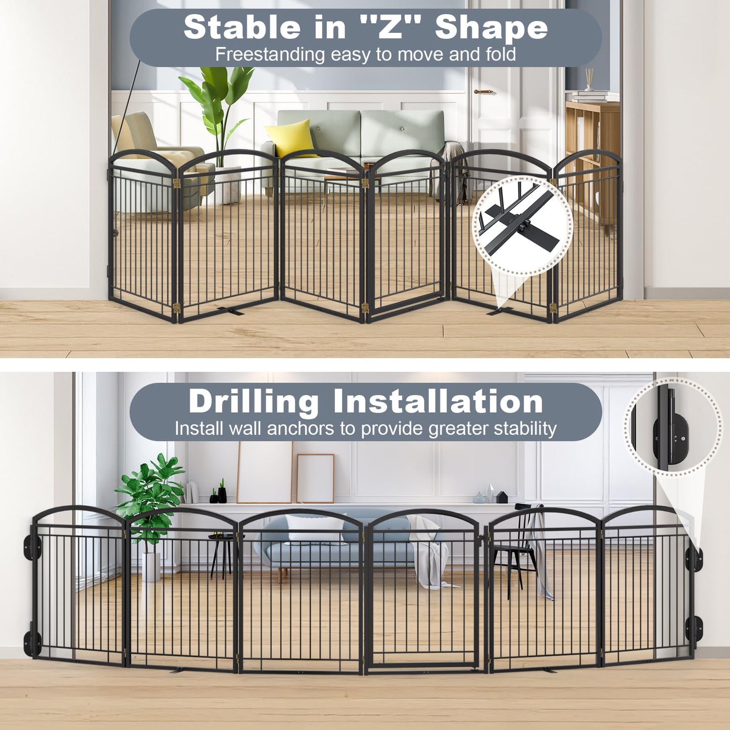 Full Metal Free Standing Dog Gate with Door for Indoor Outdoor, 144'' Extra Wide 36'' Tall Dog Gate for Doorways,Large Openings,Decks,Freestanding Portable Pet Fence(6 Panels,Black)