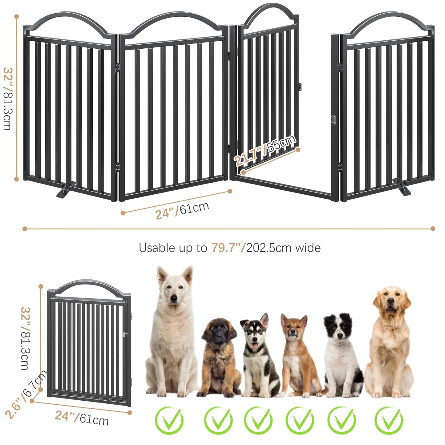 BHG Metal No-Assembly Freestanding Dog Gate with Door Walk Through, Extra Wide 96", Extra Tall 32" Pet Gate, Accordion Puppy Folding Playpen Dog Fence for Indoor & Outdoor, with 2PCS Support - Black