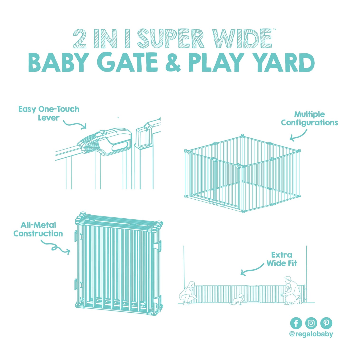Regalo Safety 192" Double Door Super Wide Baby Gate & Play Yard, 8-Panel Adjustable Safety Gate for Doorways & Large Openings, Hardware Mounted Gate for Babies, Toddlers & Pets