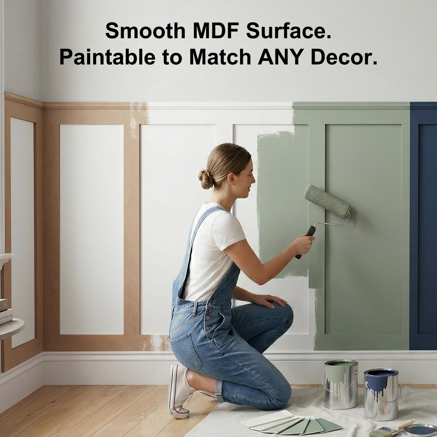 SMARTSTANDARD Paintable Board and Batten Wainscoting Kit, Premade MDF Accent Wall Panels with Edge Strips – Covers 176x51 Inch, Wall Molding Trim for Bedroom Living Room Hallway