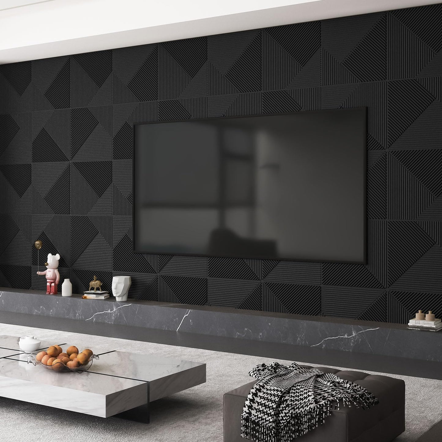 WOWSTAR 12-Pack 3D Wall Panels 19.7" x 19.7", Black Slat Wall Panels for Living Room Wall Decor, Modern Black Wall Covering for Home & Office