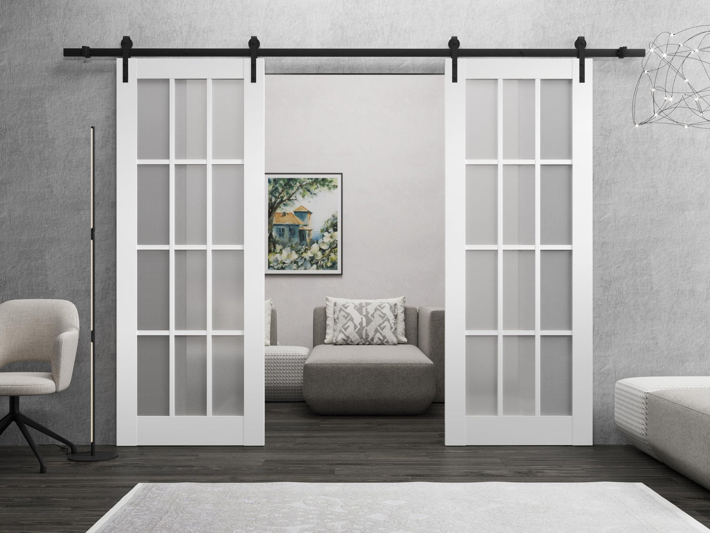 SARTODOORS - Sturdy Double Barn Door 36 x 84 inches with Frosted Glass 12 Lites | Felicia 3312 Matte White | Top Mount 13 FT Rail Hangers Heavy Set | Solid Panel Interior Doors