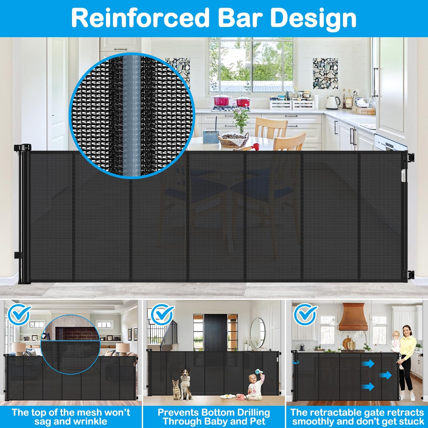 Reinforced 42" Extra Tall Retractable Dog Gate, 200" Extra Wide Baby Gate with Support Rods-Prevent Crawling Through, Outdoor/Indoor Baby Fence/Barrier/Blocker for Home, 16ft Retractable Garage Gate