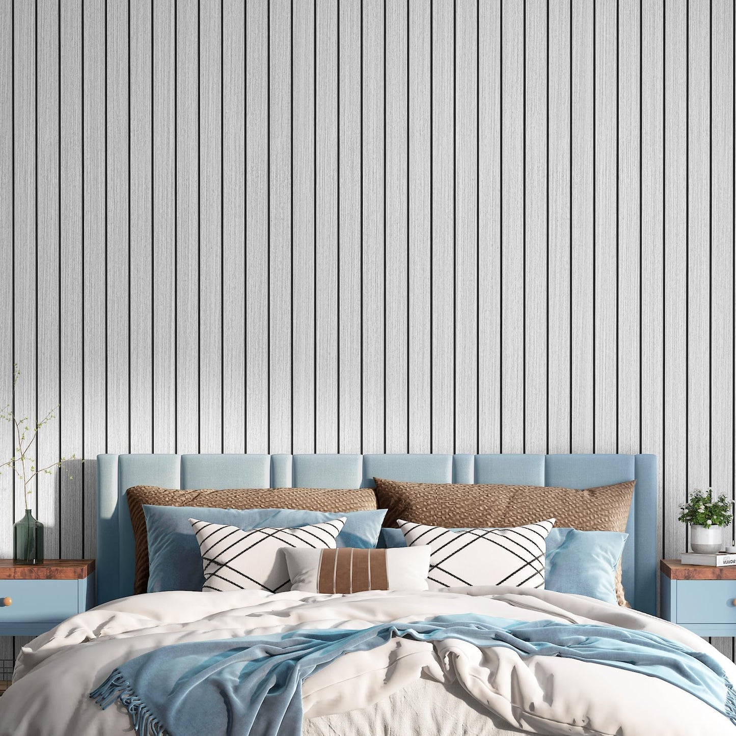 Yenhome 3D Textured Wood Slat Wall Panels, Soundproof Acoustic Panels for Interior Walls & Ceilings, Self-Adhesive Foam Panel with Grayish White Wood Modern Decor Office Home Theater Studio 12"X118"