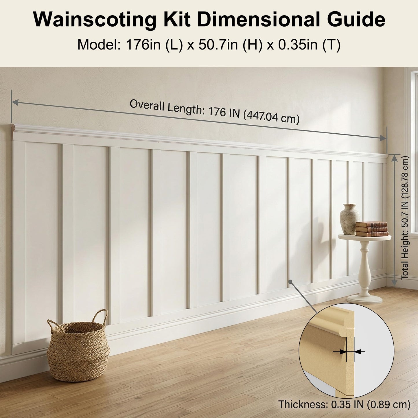 SMARTSTANDARD Paintable Board and Batten Wainscoting Kit, Premade MDF Accent Wall Panels with Edge Strips – Covers 176x51 Inch, Wall Molding Trim for Bedroom Living Room Hallway