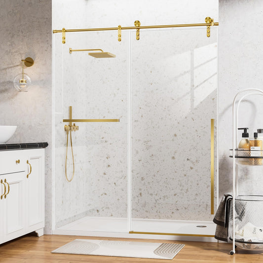 56-60" W x 75" H Glass Shower Door, Frameless Shower Door with 5/16" (8mm) Clear SGCC Tempered Glass, Explosion-Proof Film, Stainless Steel Hardware, Gold